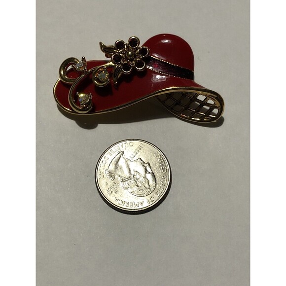 Red Hat Society Gold Enameled Brooch With Glass Crystal Stones, Vintage Brooch - Picture 7 of 7